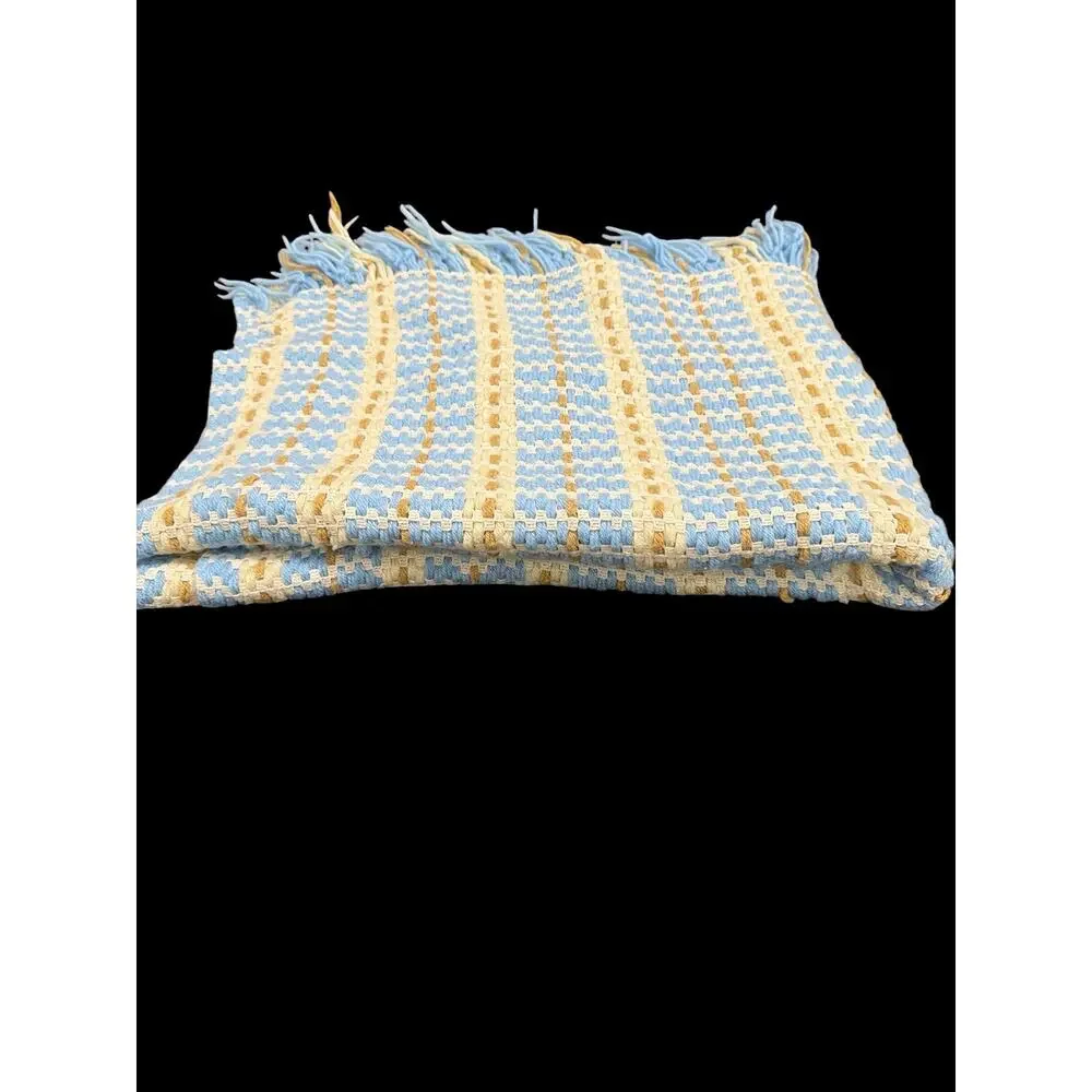 Vintage Hand Woven Afghan Throw Blanket – Baby Blue, Cream & Taupe 66” x 42”